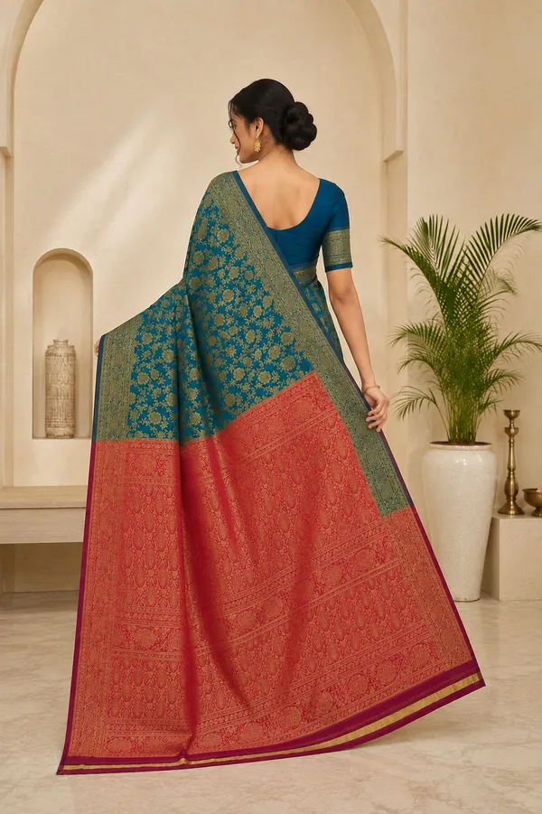 KHOLDAL_TREND_Woven,_Temple_Border,_Paisley,_Self_Design_Jamdani_Jacquard_Saree_(Blue)