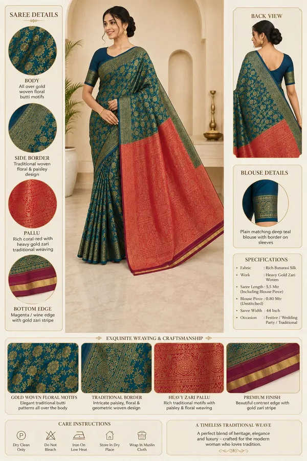 KHOLDAL_TREND_Woven,_Temple_Border,_Paisley,_Self_Design_Jamdani_Jacquard_Saree_(Blue)