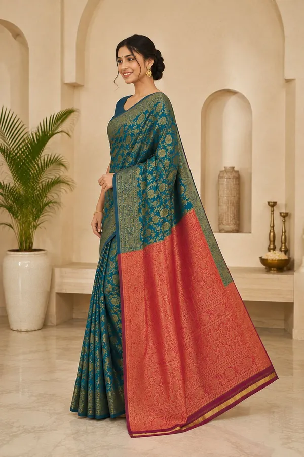 KHOLDAL_TREND_Woven,_Temple_Border,_Paisley,_Self_Design_Jamdani_Jacquard_Saree_(Blue)
