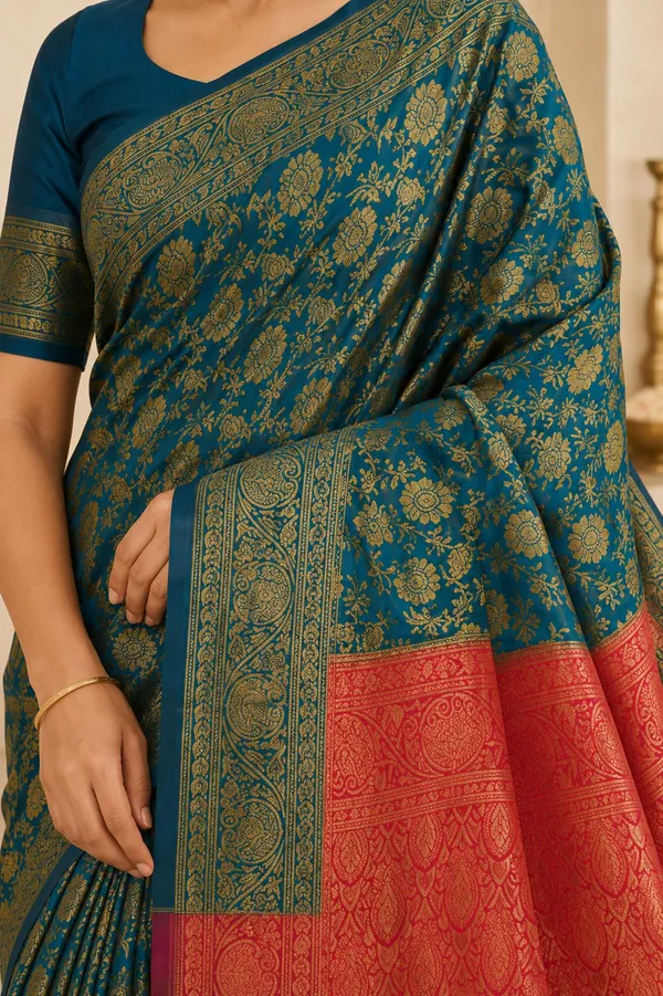 KHOLDAL_TREND_Woven,_Temple_Border,_Paisley,_Self_Design_Jamdani_Jacquard_Saree_(Blue)