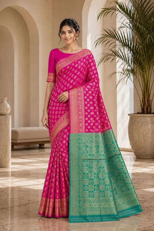 KHOLDAL_TREND_Woven,_Temple_Border,_Paisley,_Self_Design_Jamdani_Jacquard_Saree_(Pink)