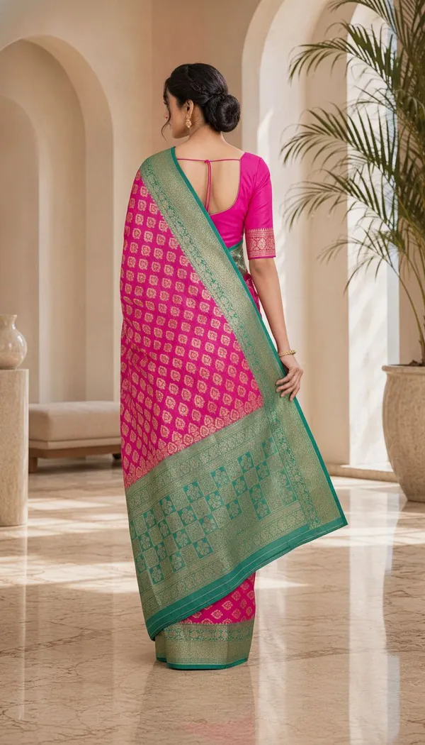 KHOLDAL_TREND_Woven,_Temple_Border,_Paisley,_Self_Design_Jamdani_Jacquard_Saree_(Pink)