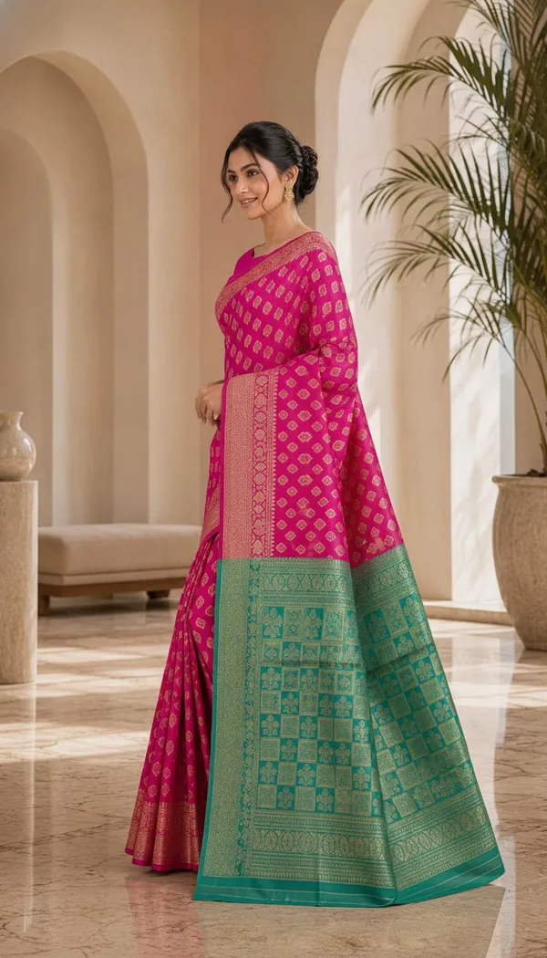 KHOLDAL_TREND_Woven,_Temple_Border,_Paisley,_Self_Design_Jamdani_Jacquard_Saree_(Pink)