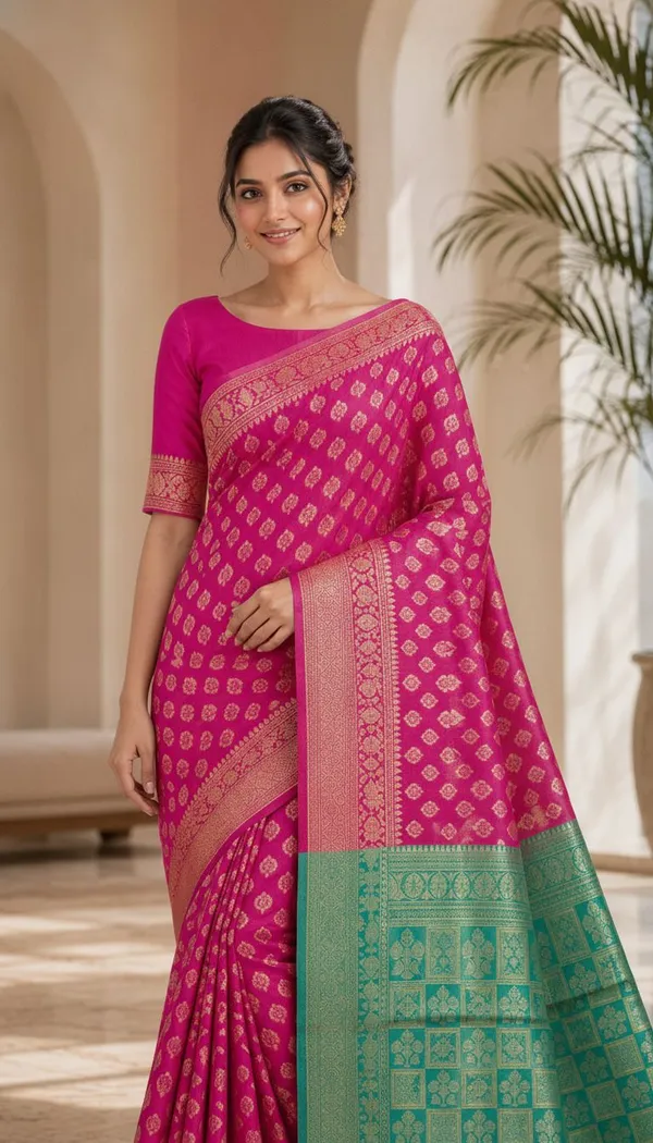 KHOLDAL_TREND_Woven,_Temple_Border,_Paisley,_Self_Design_Jamdani_Jacquard_Saree_(Pink)