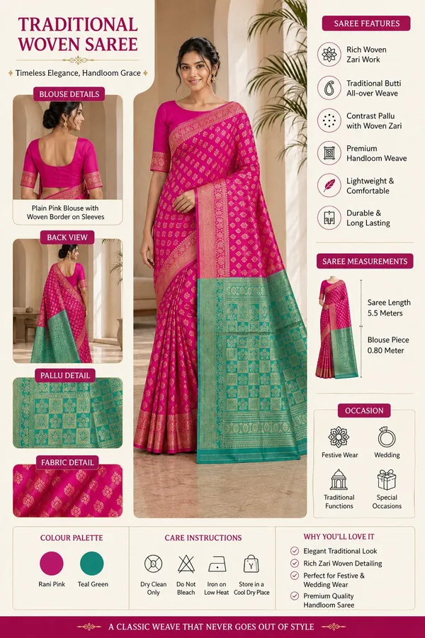 KHOLDAL_TREND_Woven,_Temple_Border,_Paisley,_Self_Design_Jamdani_Jacquard_Saree_(Pink)