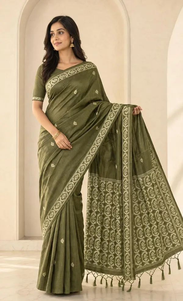 KHODAL_TREND_Floral_Print,_Self_Design,_Woven_Jamdani_Cotton_Blend,_Jacquard_Saree_(Green)