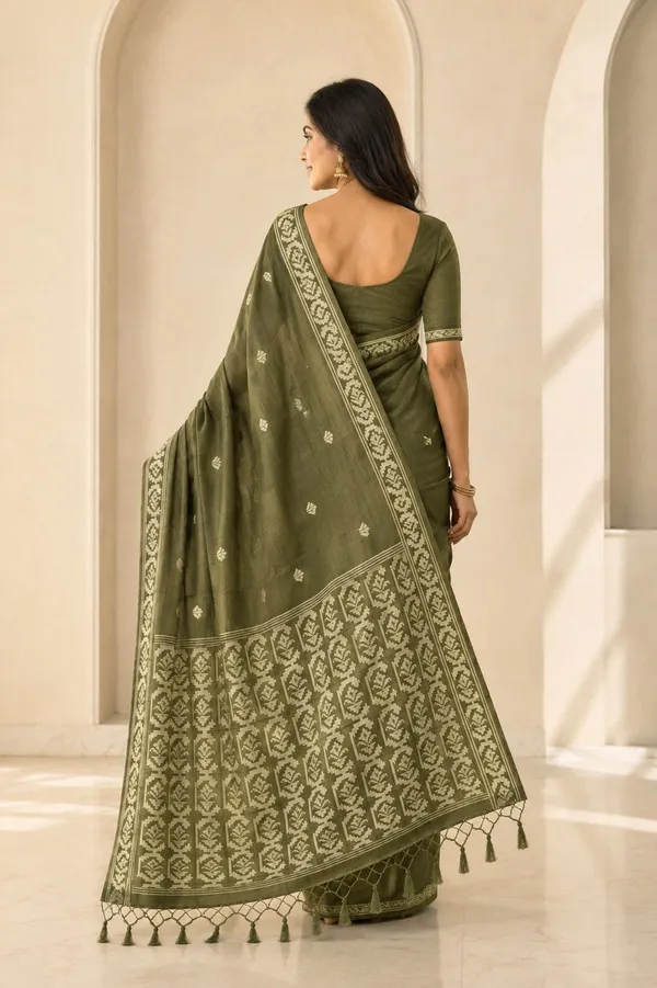 KHODAL_TREND_Floral_Print,_Self_Design,_Woven_Jamdani_Cotton_Blend,_Jacquard_Saree_(Green)