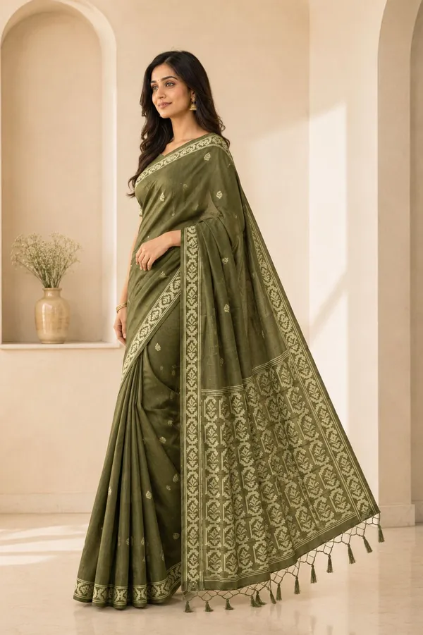 KHODAL_TREND_Floral_Print,_Self_Design,_Woven_Jamdani_Cotton_Blend,_Jacquard_Saree_(Green)