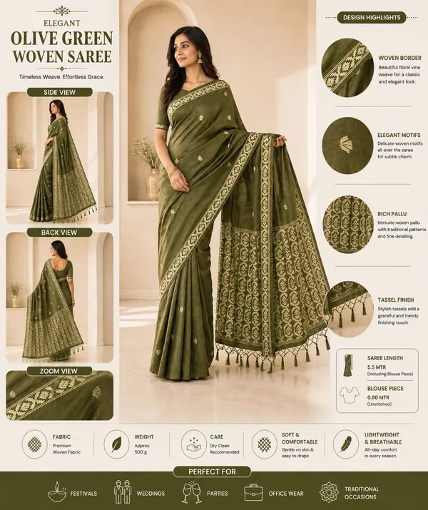 KHODAL_TREND_Floral_Print,_Self_Design,_Woven_Jamdani_Cotton_Blend,_Jacquard_Saree_(Green)