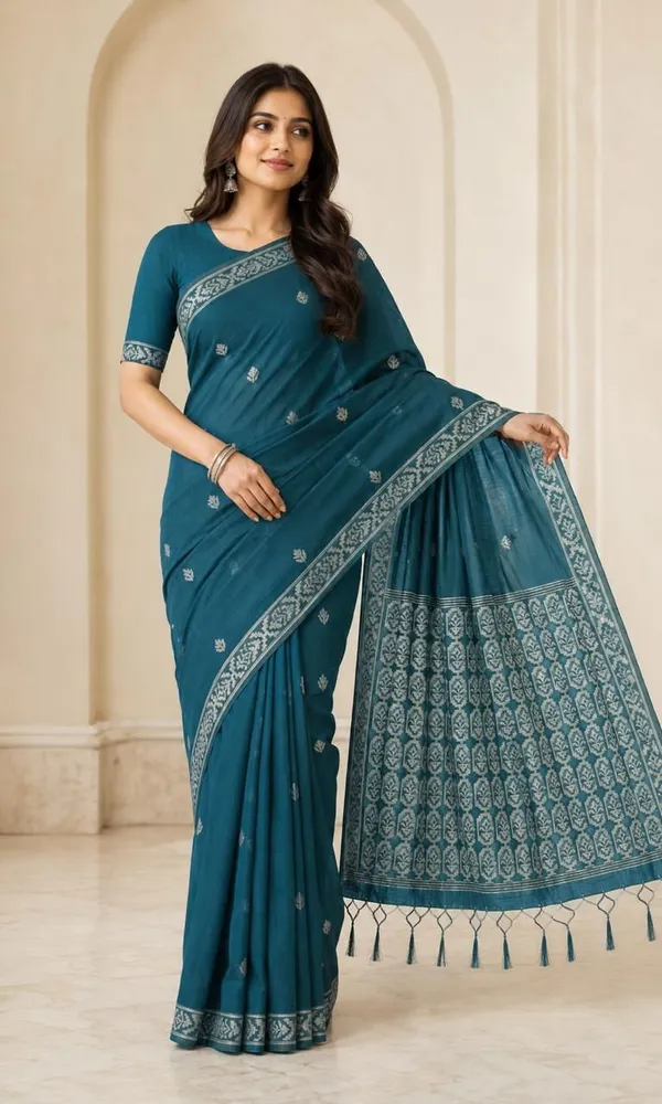 KHODAL_TREND_Woven,_Self_Design_Jamdani_Cotton_Blend_Saree_(Blue)