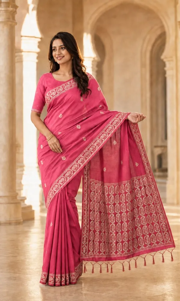 KHODAL_TREND_Floral_Print_Jamdani_Cotton_Blend_Saree_(Pink)