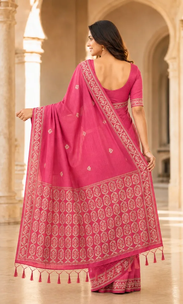 KHODAL_TREND_Floral_Print_Jamdani_Cotton_Blend_Saree_(Pink)