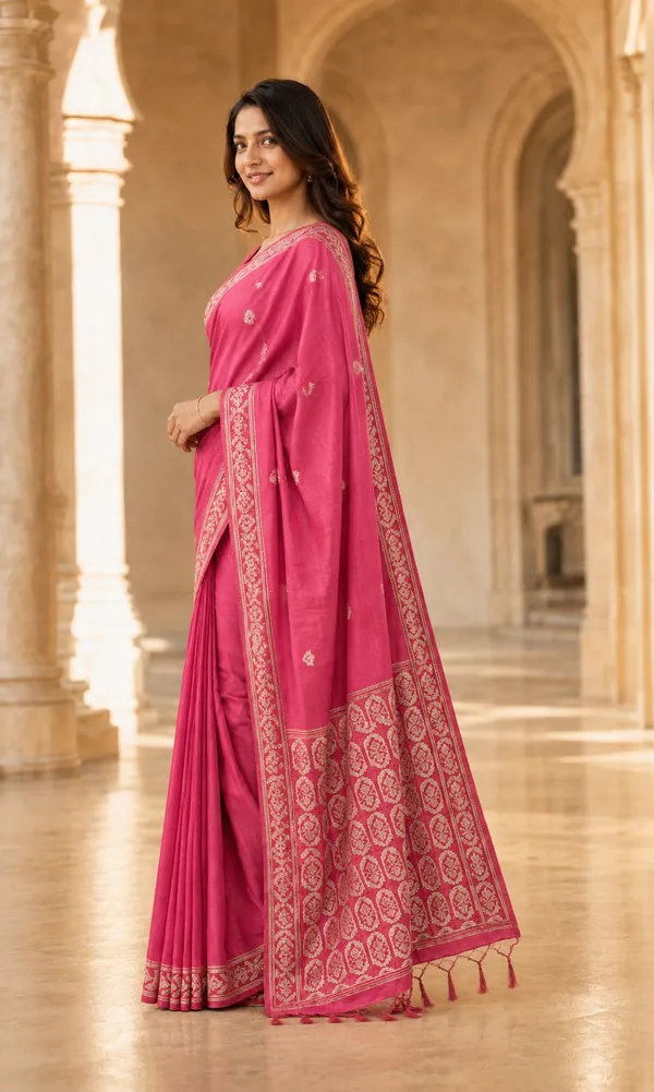 KHODAL_TREND_Floral_Print_Jamdani_Cotton_Blend_Saree_(Pink)