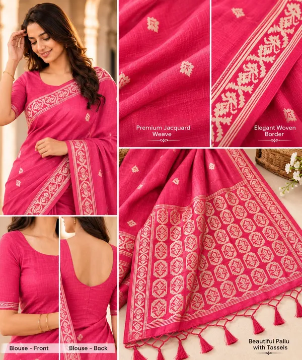 KHODAL_TREND_Floral_Print_Jamdani_Cotton_Blend_Saree_(Pink)