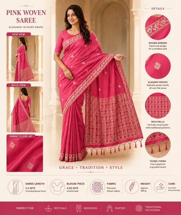 KHODAL_TREND_Floral_Print_Jamdani_Cotton_Blend_Saree_(Pink)