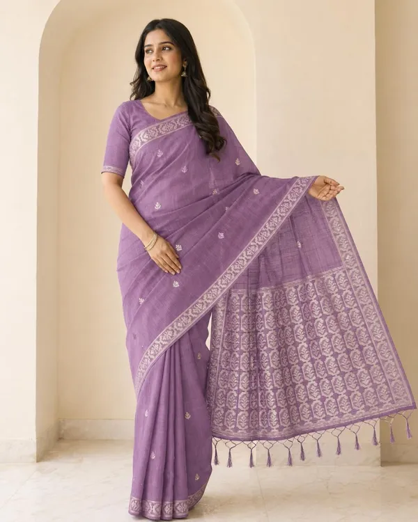 KHODAL_TREND_Woven,_Self_Design_Jamdani_Cotton_Blend_Saree_(Purple)