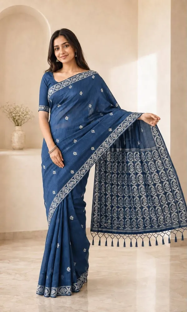 KHODAL_TREND_Woven,_Floral_Print,_Self_Design_Jamdani_Cotton_Blend,_Jacquard_Saree_(Blue)