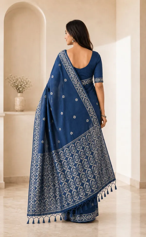 KHODAL_TREND_Woven,_Floral_Print,_Self_Design_Jamdani_Cotton_Blend,_Jacquard_Saree_(Blue)
