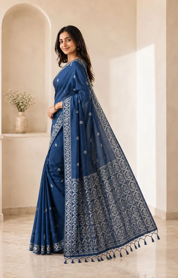 KHODAL_TREND_Woven,_Floral_Print,_Self_Design_Jamdani_Cotton_Blend,_Jacquard_Saree_(Blue)