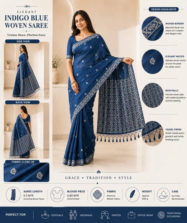 KHODAL_TREND_Woven,_Floral_Print,_Self_Design_Jamdani_Cotton_Blend,_Jacquard_Saree_(Blue)