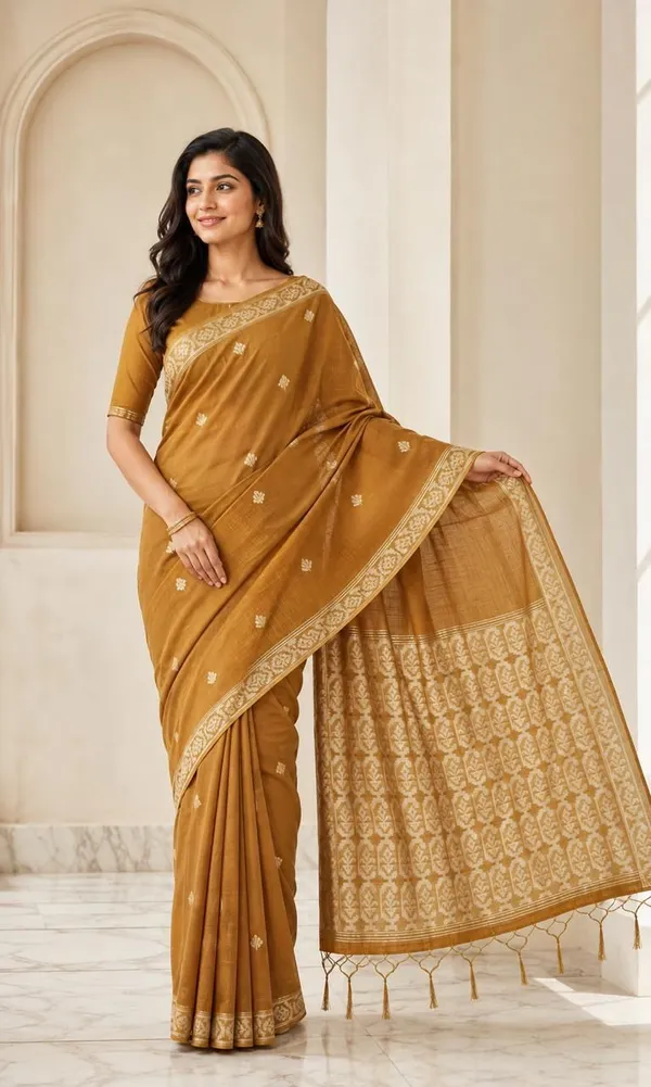 KHODAL_TREND_Woven,_Floral_Print_Jamdani_Cotton_Blend_Saree_(Orange)