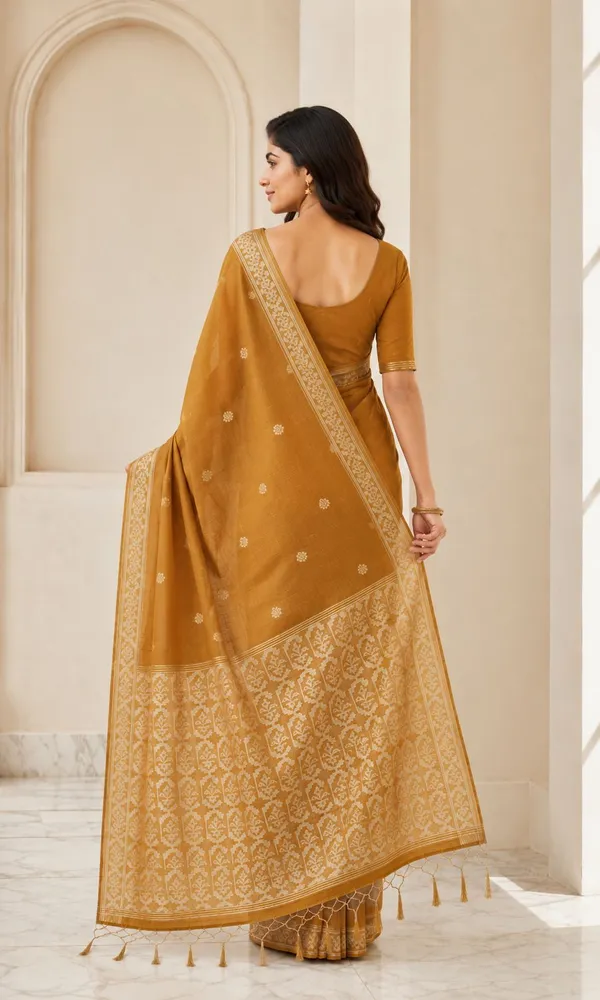 KHODAL_TREND_Woven,_Floral_Print_Jamdani_Cotton_Blend_Saree_(Orange)
