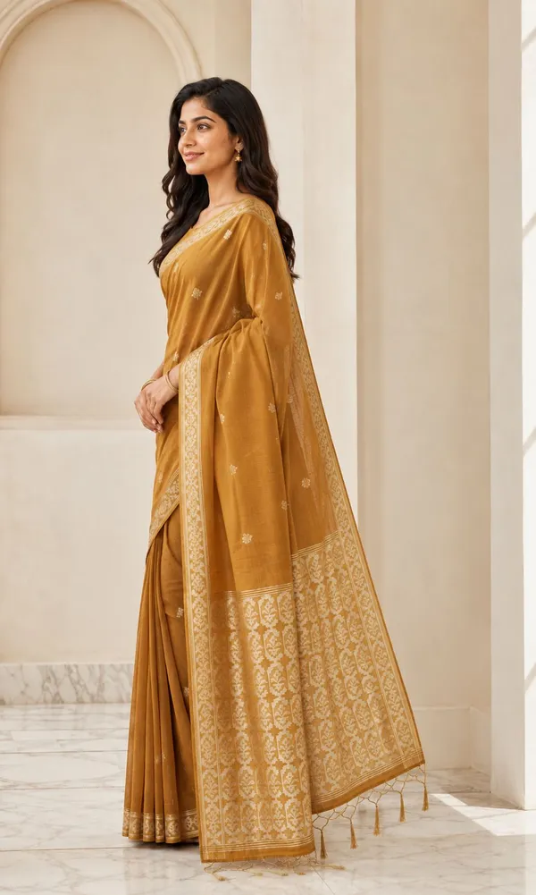 KHODAL_TREND_Woven,_Floral_Print_Jamdani_Cotton_Blend_Saree_(Orange)