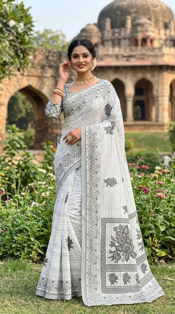 khodal_Printed_Daily_Wear_Mulmul_Saree_(White)