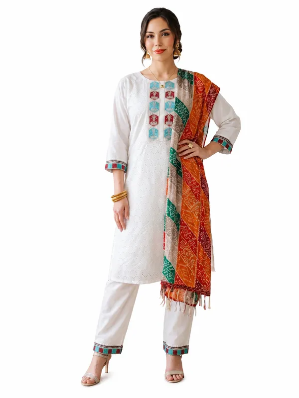White_Cotton_Embroidered_Straight_Kurta_Pant_Dupatta_Set_For_Women