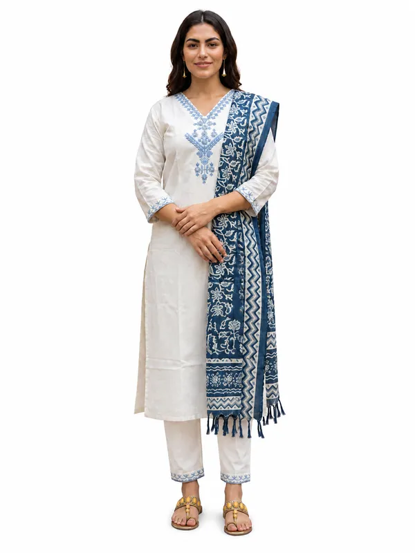 White_Cotton_Embroidered_Straight_Kurta_Pant_Dupatta_Set_For_Women