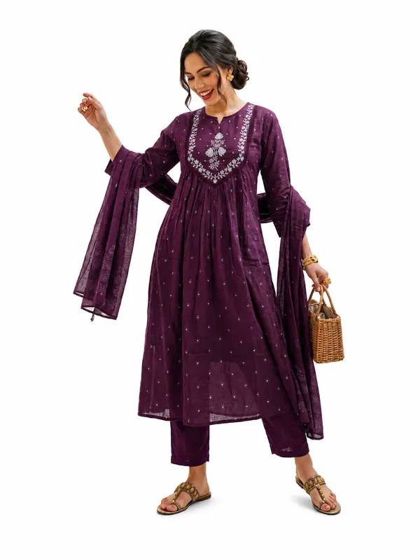 Purple_Cotton_Embroidered_Anarkali_Kurta_Pant_Set_For_Women