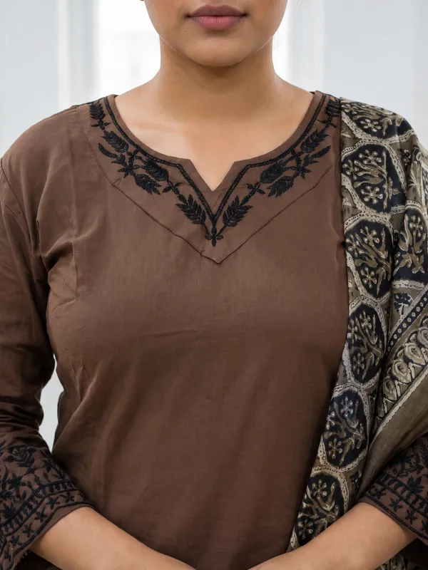 Brown_Cotton_Embroidered_Straight_Kurta_Pant_Dupatta_Set_For_Women