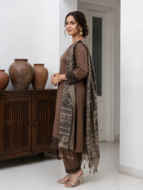 Brown_Cotton_Embroidered_Straight_Kurta_Pant_Dupatta_Set_For_Women
