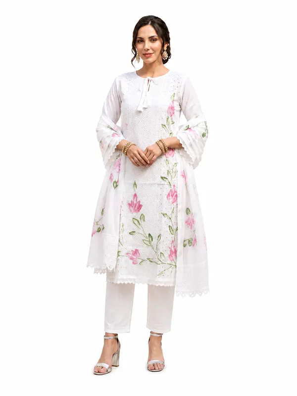 White_Cotton_Floral_Print_Straight_Kurta_Pant_Dupatta_Set_For_Women
