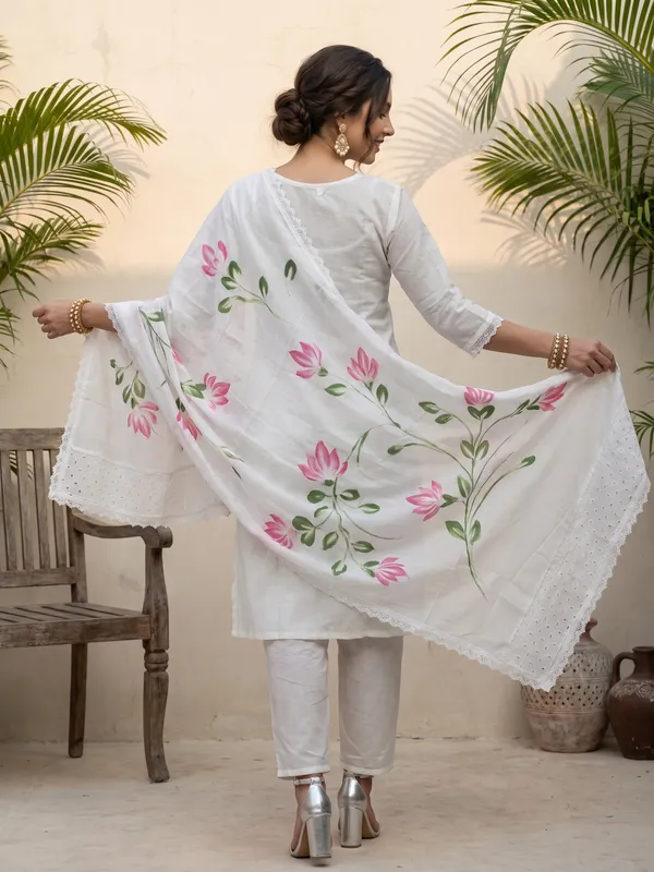 White_Cotton_Floral_Print_Straight_Kurta_Pant_Dupatta_Set_For_Women