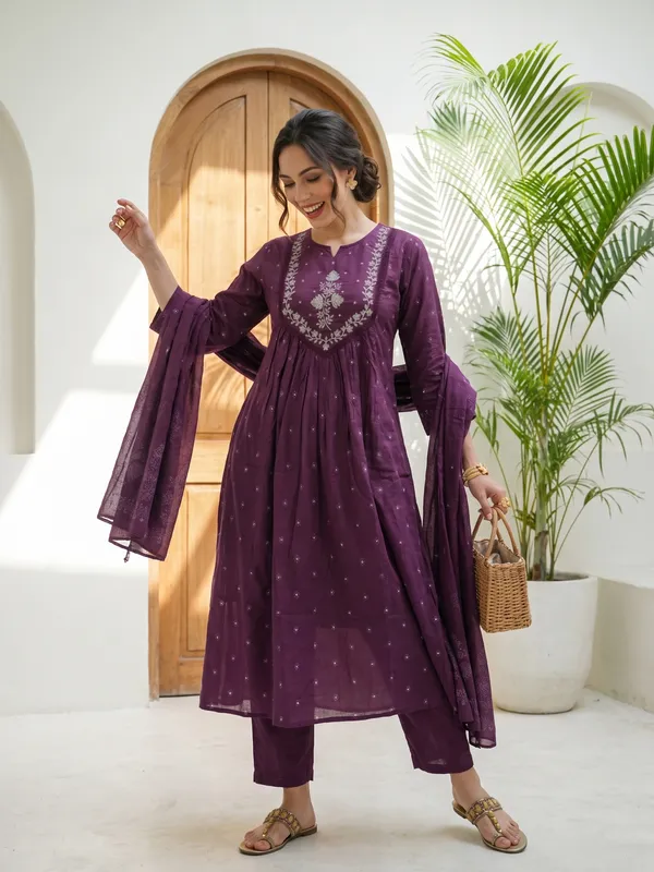 Purple_Cotton_Embroidered_Anarkali_Kurta_Pant_Set_For_Women