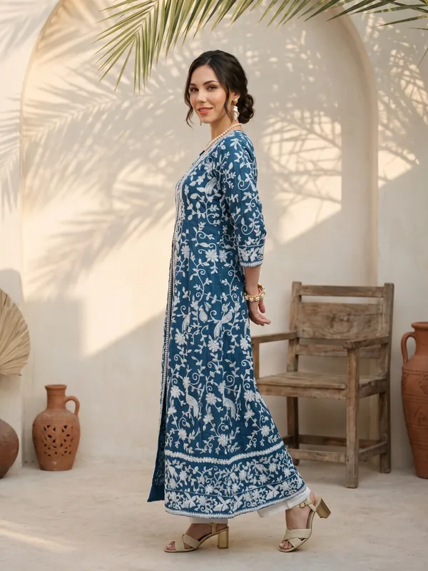 Blue_Cotton_Embroidered_Long_Kurta_Pant_Set_For_Women
