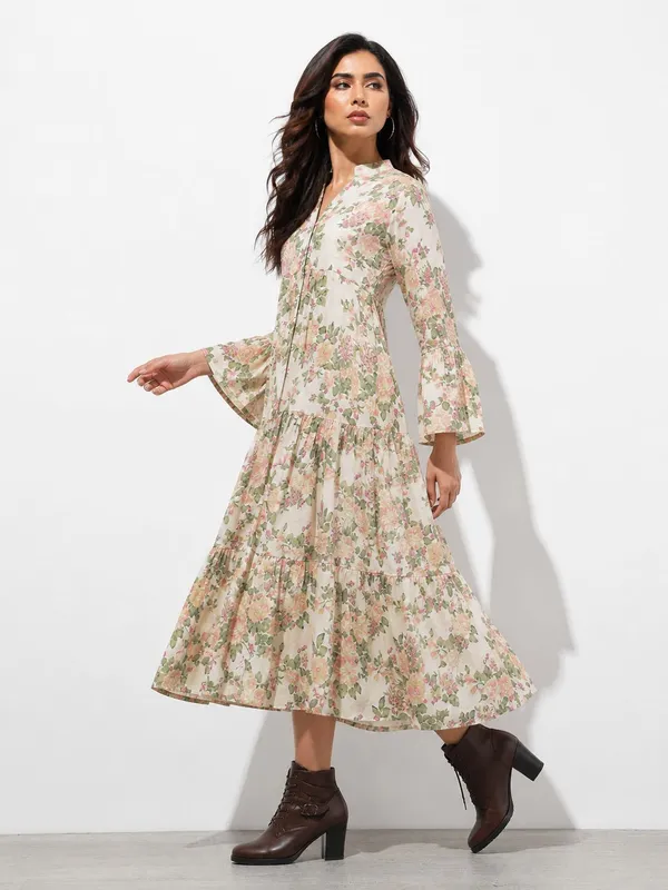 Beige_Cotton_Tiered_Floral_Print_Midi_Dress_For_Women