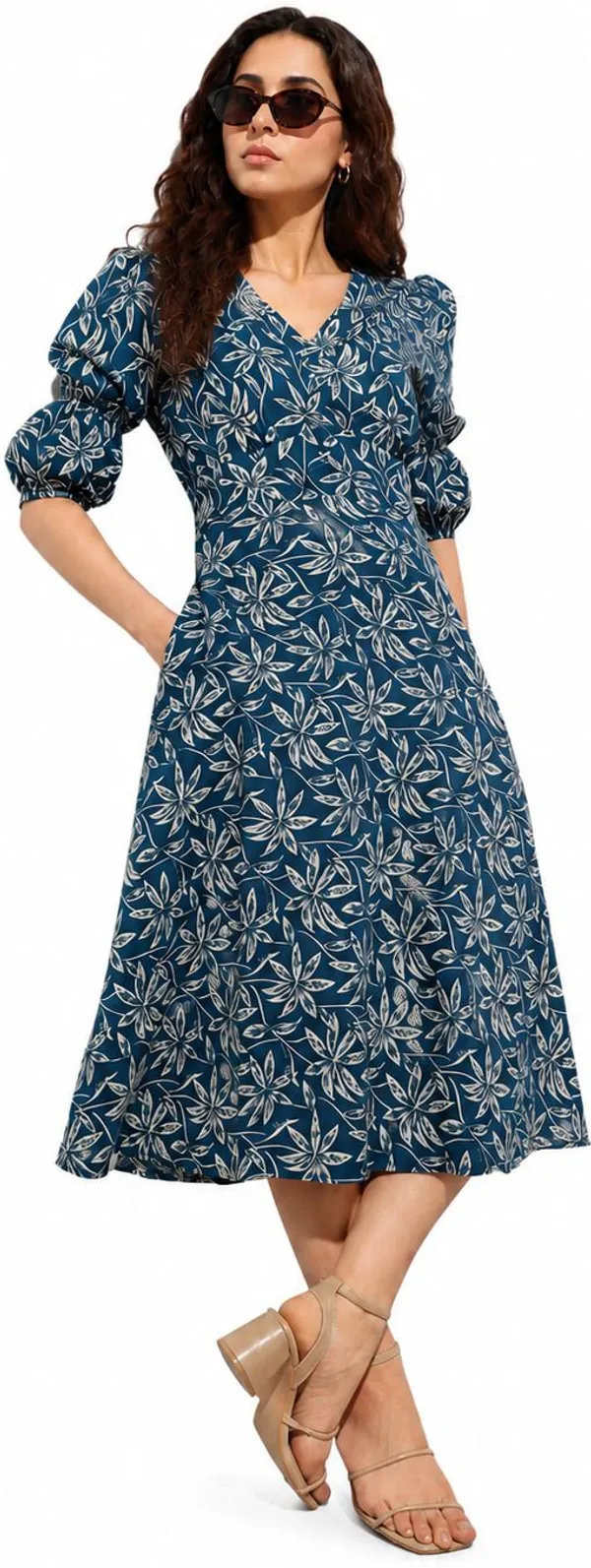 Blue_Cotton_A-Line_Botanical_Print_Midi_Dress_For_Women