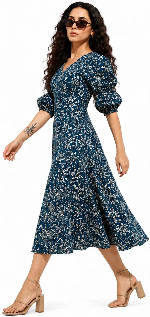 Blue_Cotton_A-Line_Botanical_Print_Midi_Dress_For_Women