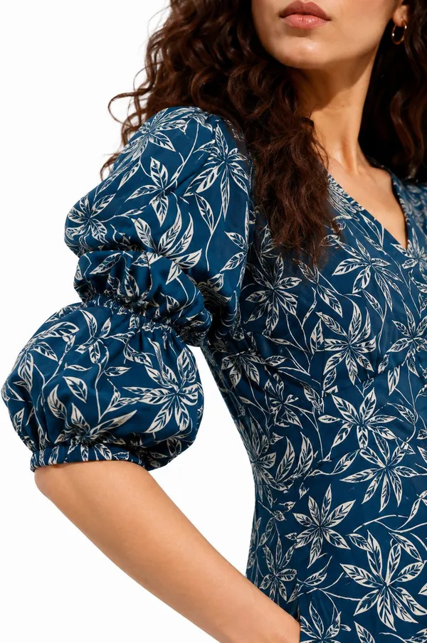 Blue_Cotton_A-Line_Botanical_Print_Midi_Dress_For_Women