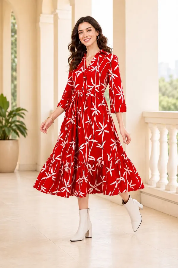 Red_And_Black_Cotton_Fit_And_Flare_Botanical_Print_Midi_Dress_&_Handbag_For_Women_Pack_Of_2