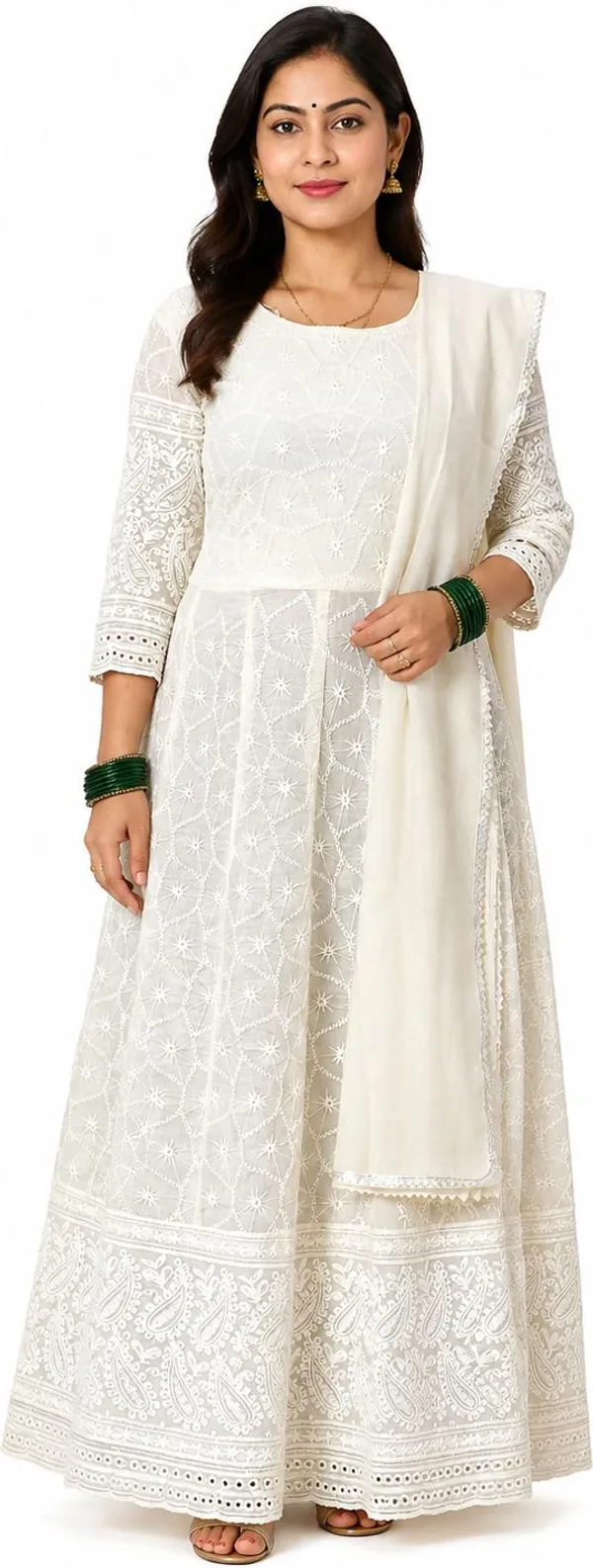 White_Cotton_Flared_Embroidered_Anarkali_Dress_For_Women