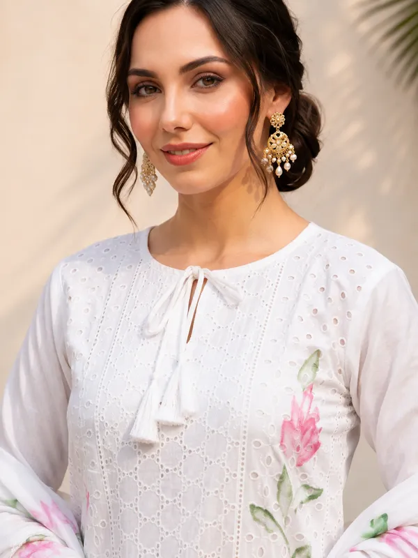 White_Cotton_Floral_Print_Straight_Kurta_Pant_Dupatta_Set_For_Women