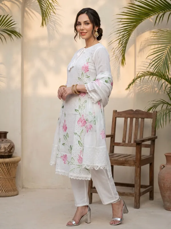 White_Cotton_Floral_Print_Straight_Kurta_Pant_Dupatta_Set_For_Women