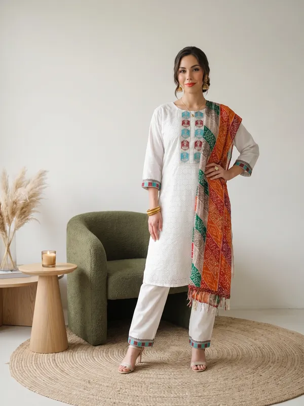 White_Cotton_Embroidered_Straight_Kurta_Pant_Dupatta_Set_For_Women