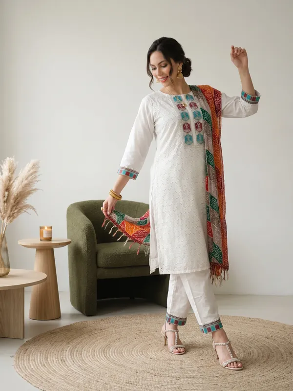 White_Cotton_Embroidered_Straight_Kurta_Pant_Dupatta_Set_For_Women