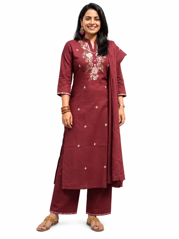 Maroon_Cotton_Embroidered_Straight_Kurta_Pant_Dupatta_Set_For_Women