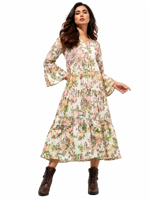 Beige_Cotton_Tiered_Floral_Print_Midi_Dress_For_Women