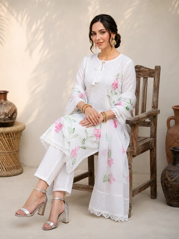 White_Cotton_Floral_Print_Straight_Kurta_Pant_Dupatta_Set_For_Women
